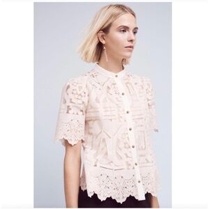 Anthropologie Floreat Sagesse Lace Button Down Top in Light Cream 0
